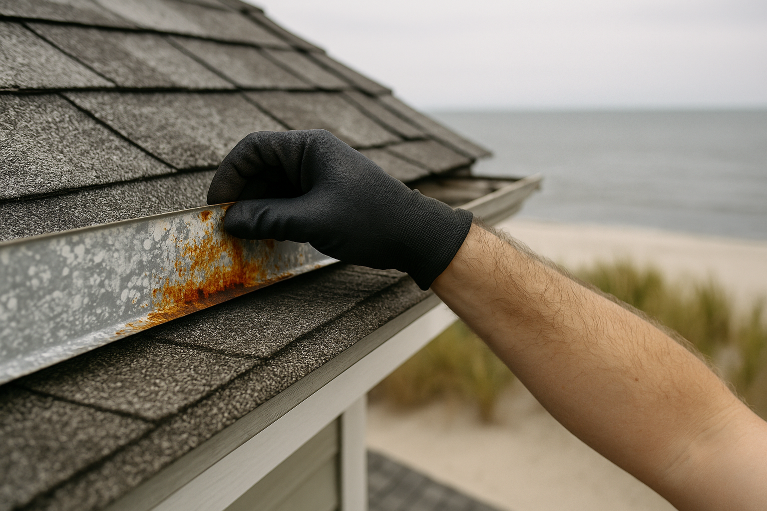 A gloved hand lifts a rusted metal drip edge on the roof of a bayfront home, with a gray bay and dune grass blurred in the background.