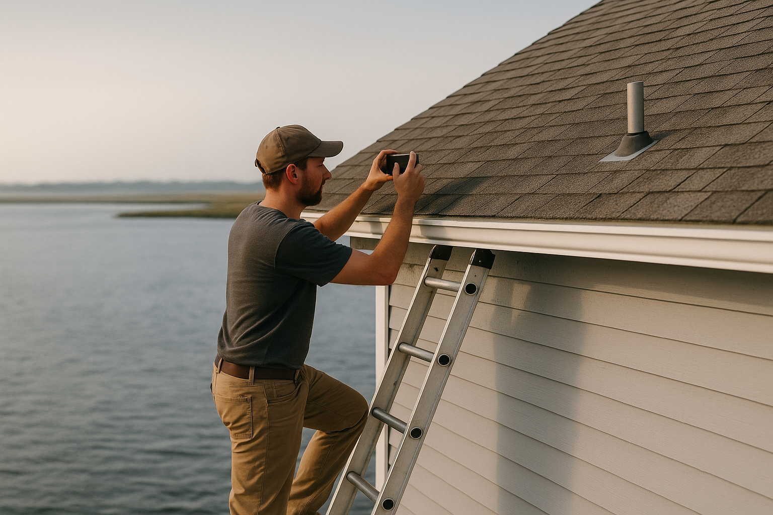 A roofer on a ladder photographs the shingles and pipe boot on a coastal New Jersey home, with the bay visible beyond the roofline.