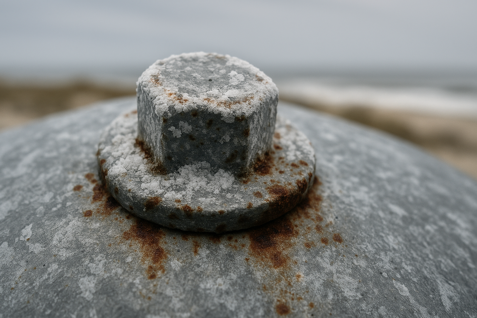 Close-up of a salt-corroded metal fastener on a coastal rooftop with blurred dunes and ocean haze behind it.