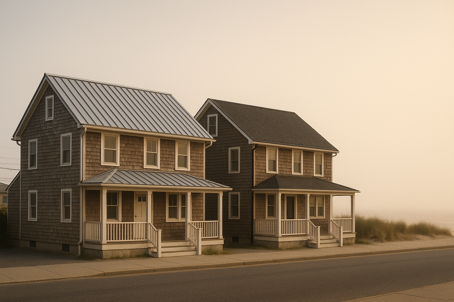 Two side-by-side coastal houses in New Jersey, one with a standing seam metal roof and the other with dark gray architectural asphalt shingles, in late-afternoon light.