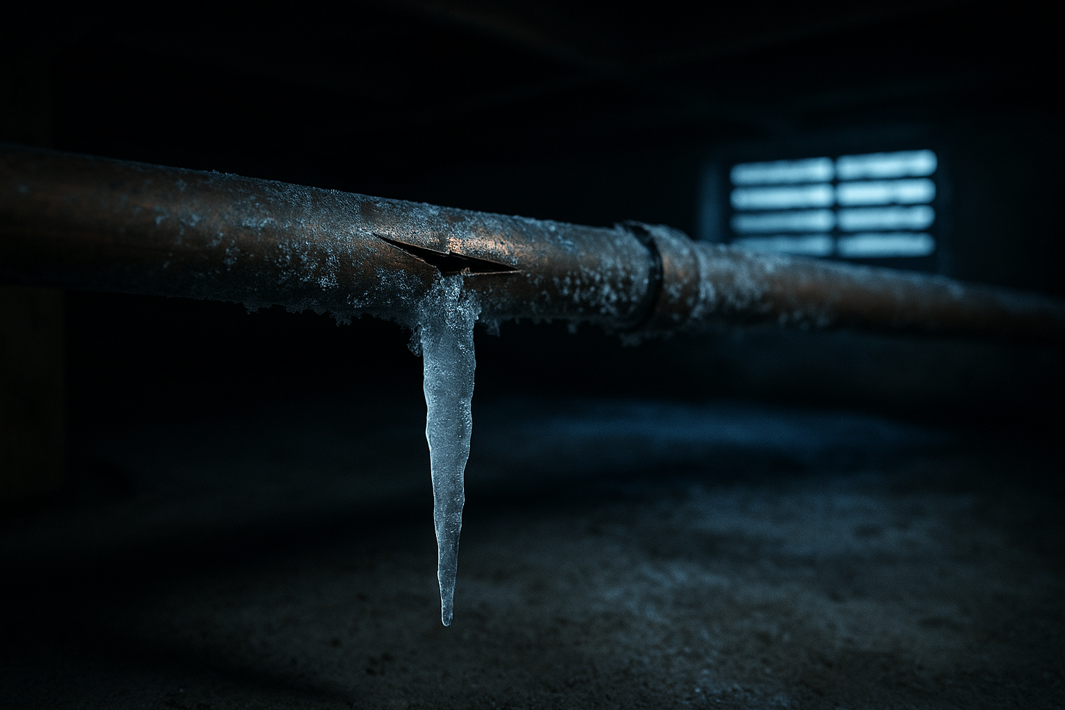 A burst copper pipe in a dark crawlspace with frozen icicles protruding from the split and ice coating the pipe.