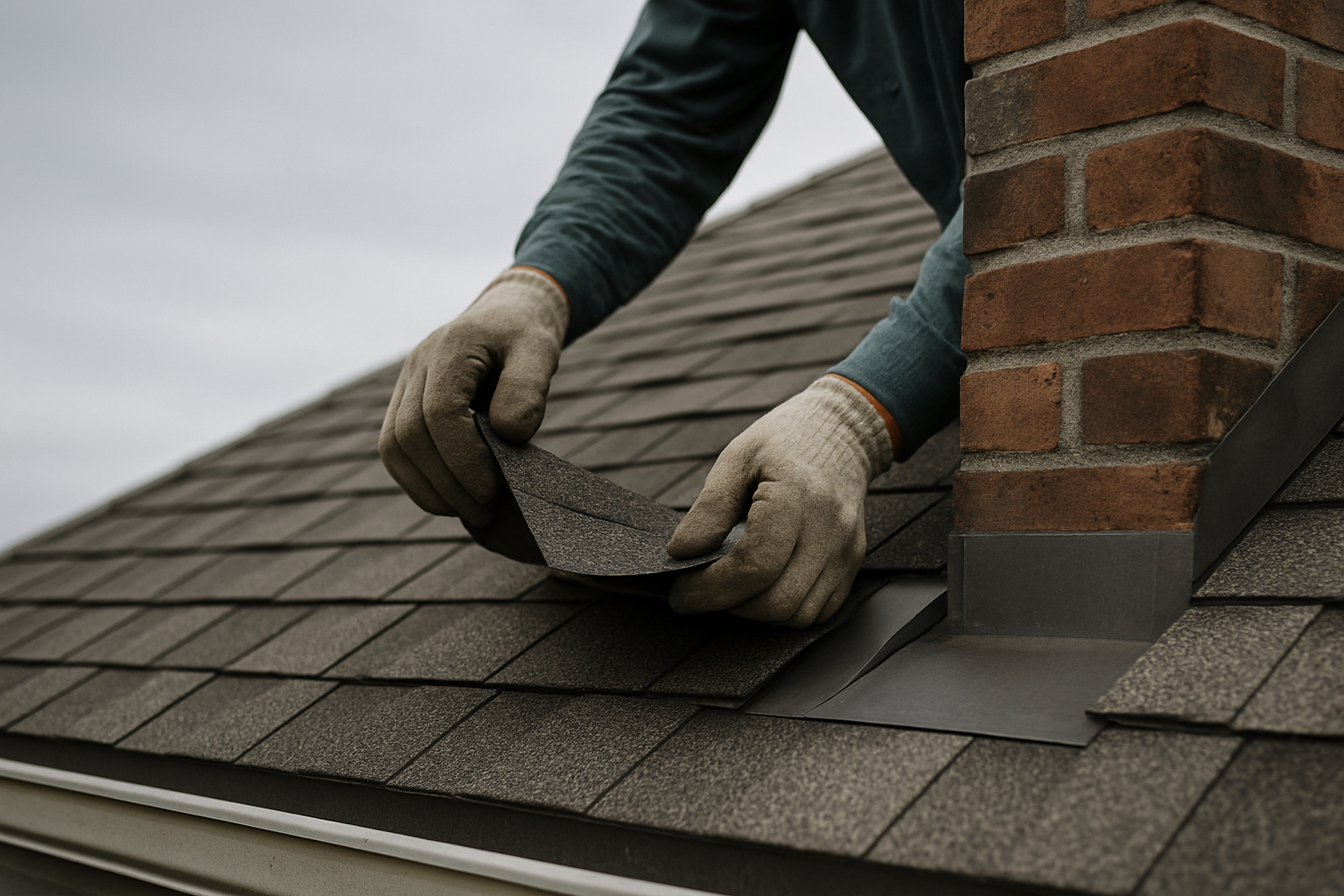 A roofer's gloved hands lift a roof shingle at the base of a brick chimney to reveal the metal flashing underneath.