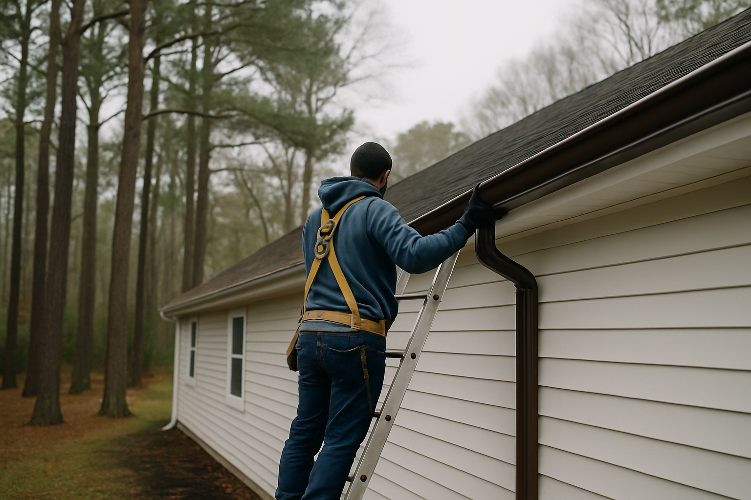A roofer on a ladder guides a long seamless gutter along the fascia of a single-story home while tall pines stand behind the house under an overcast sky.