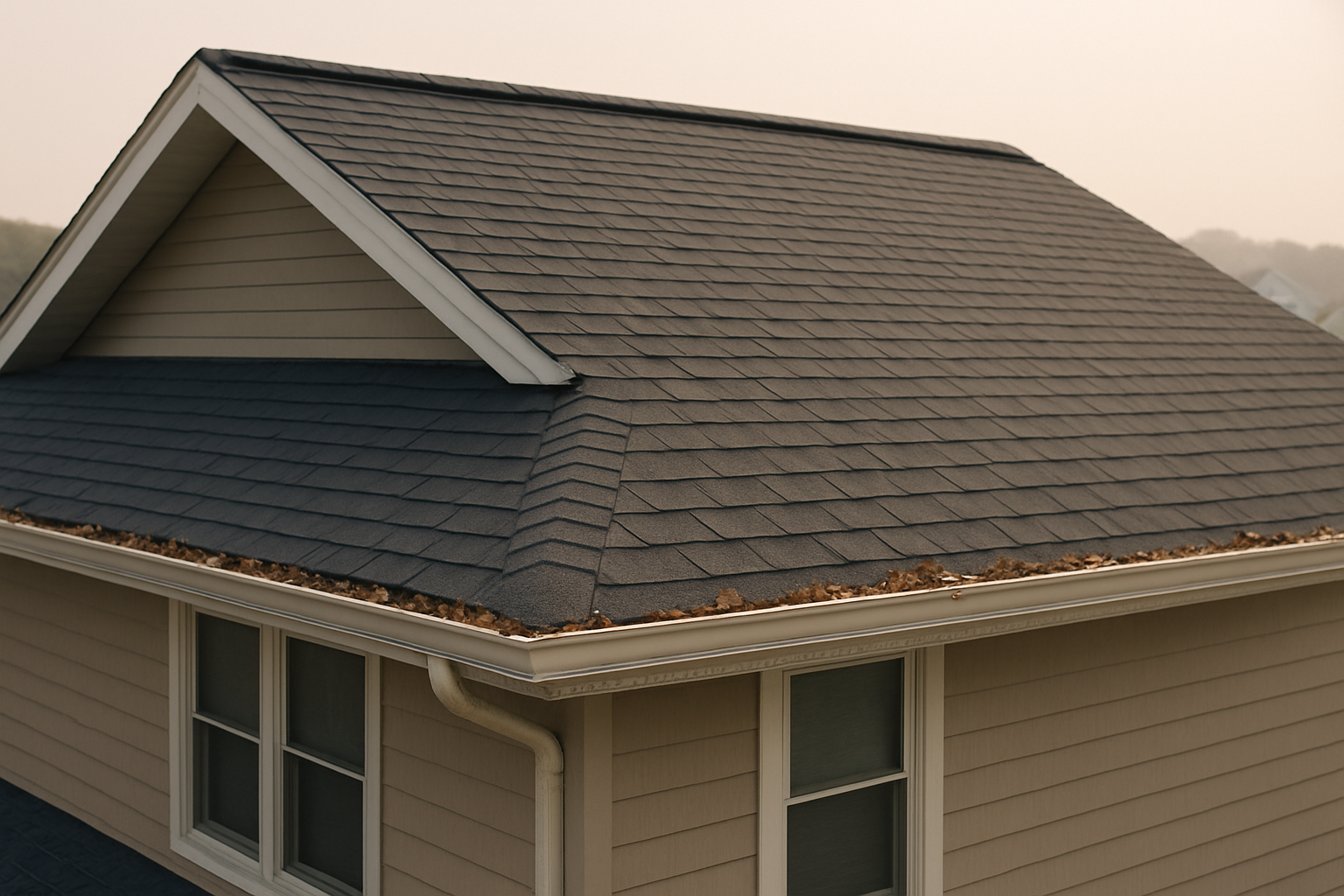 A slate-gray asphalt shingle roof with a ridge vent along its peak and leaf debris gathered along the vented soffit under the eave.