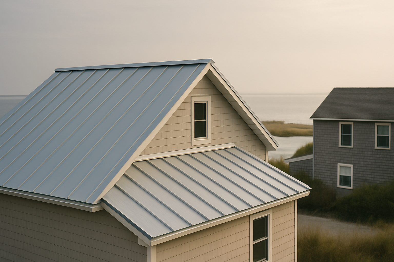 A standing seam metal roof with clean vertical seams on a coastal New Jersey home, with a salt bay and dune grass in the background.