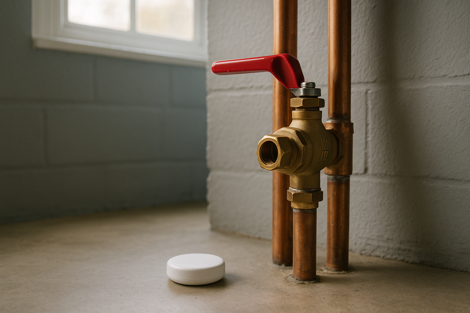 A main water shutoff valve with a red lever handle on copper pipes, and a small round leak sensor resting on the concrete floor beneath it.