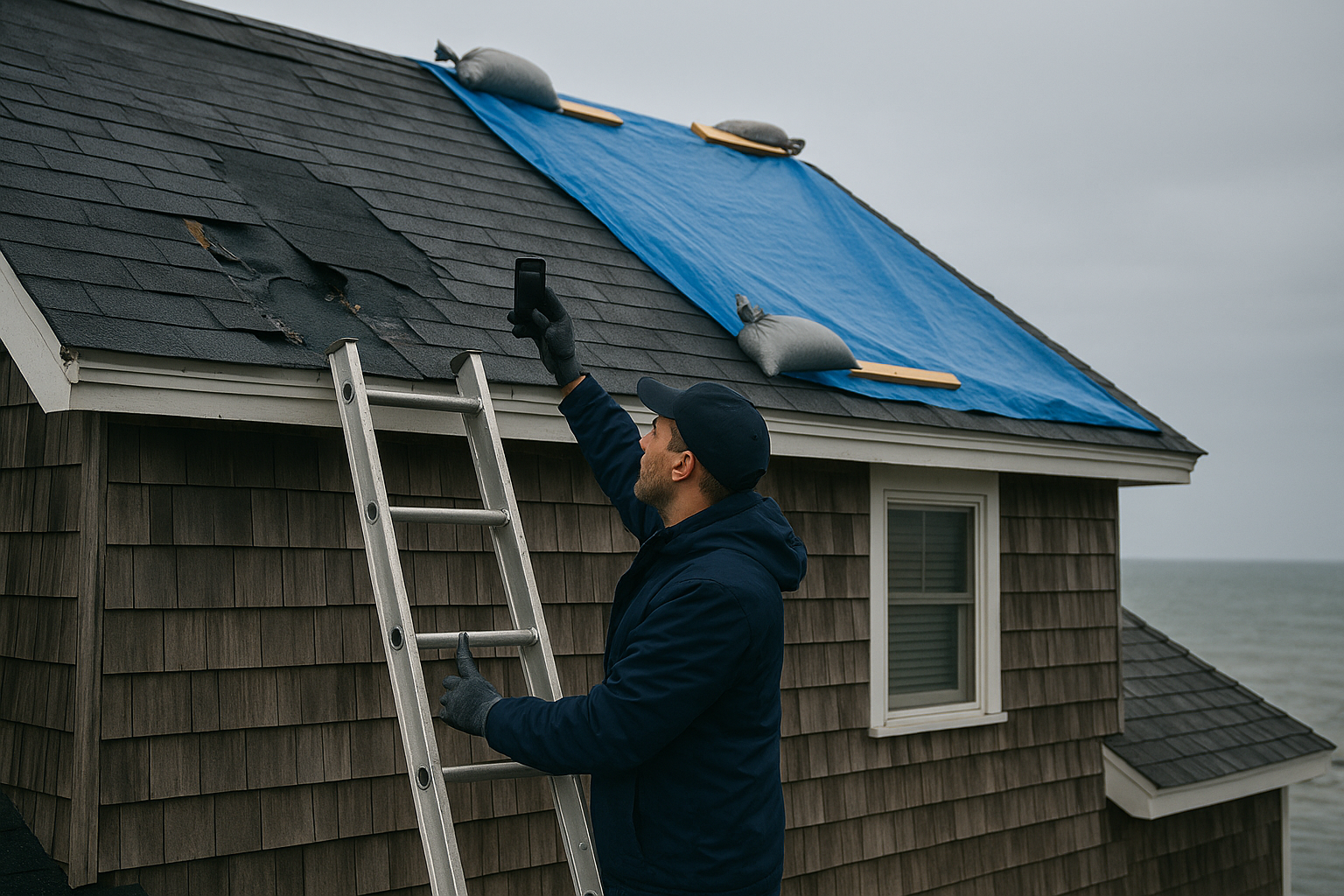 A roofer on a ladder photographs a storm-damaged section of asphalt shingles while a blue emergency tarp covers part of the roof of a coastal New Jersey house under an overcast sky.