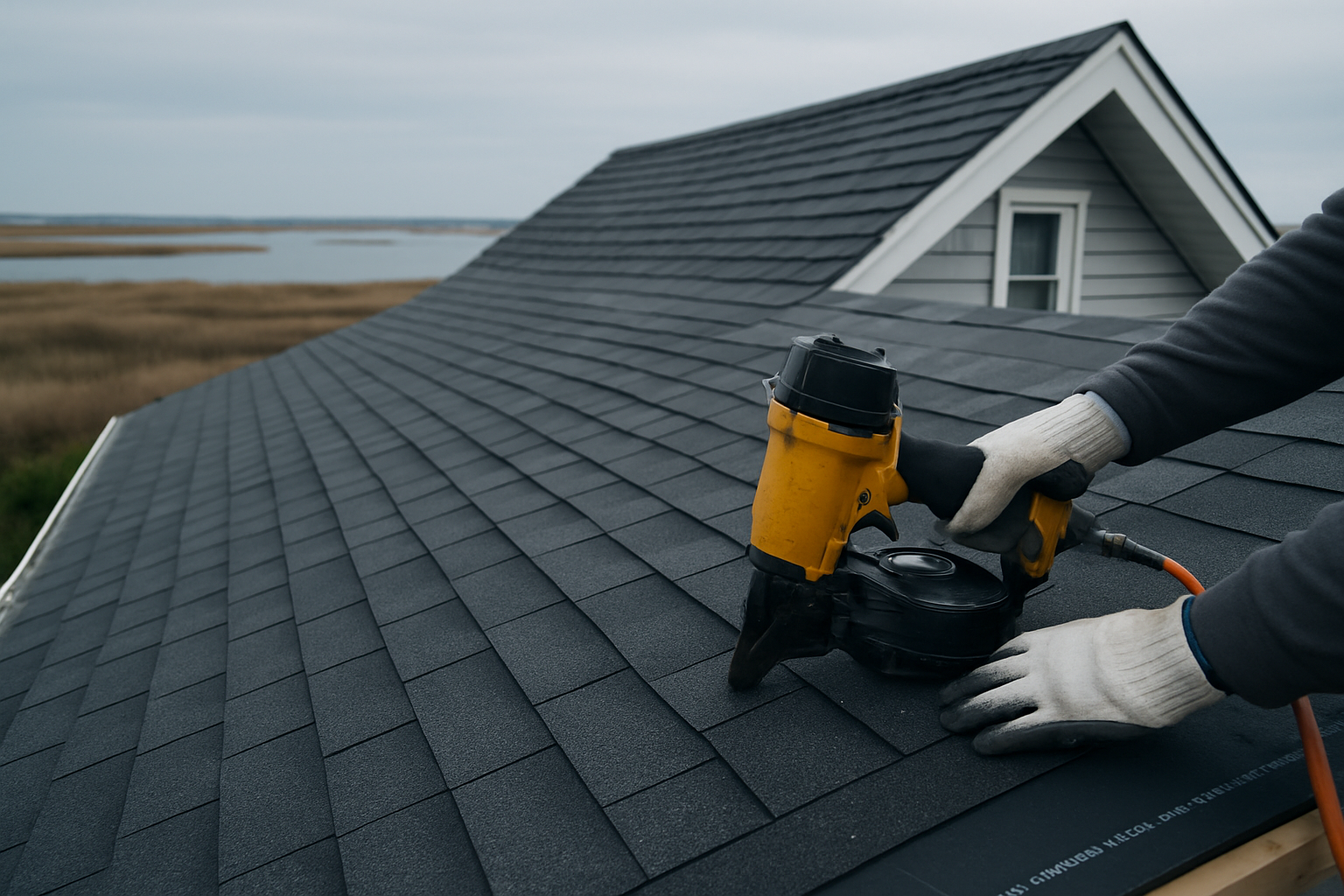 A roofer's gloved hands nail an architectural asphalt shingle onto a coastal New Jersey home, with marshland and a bay visible behind.