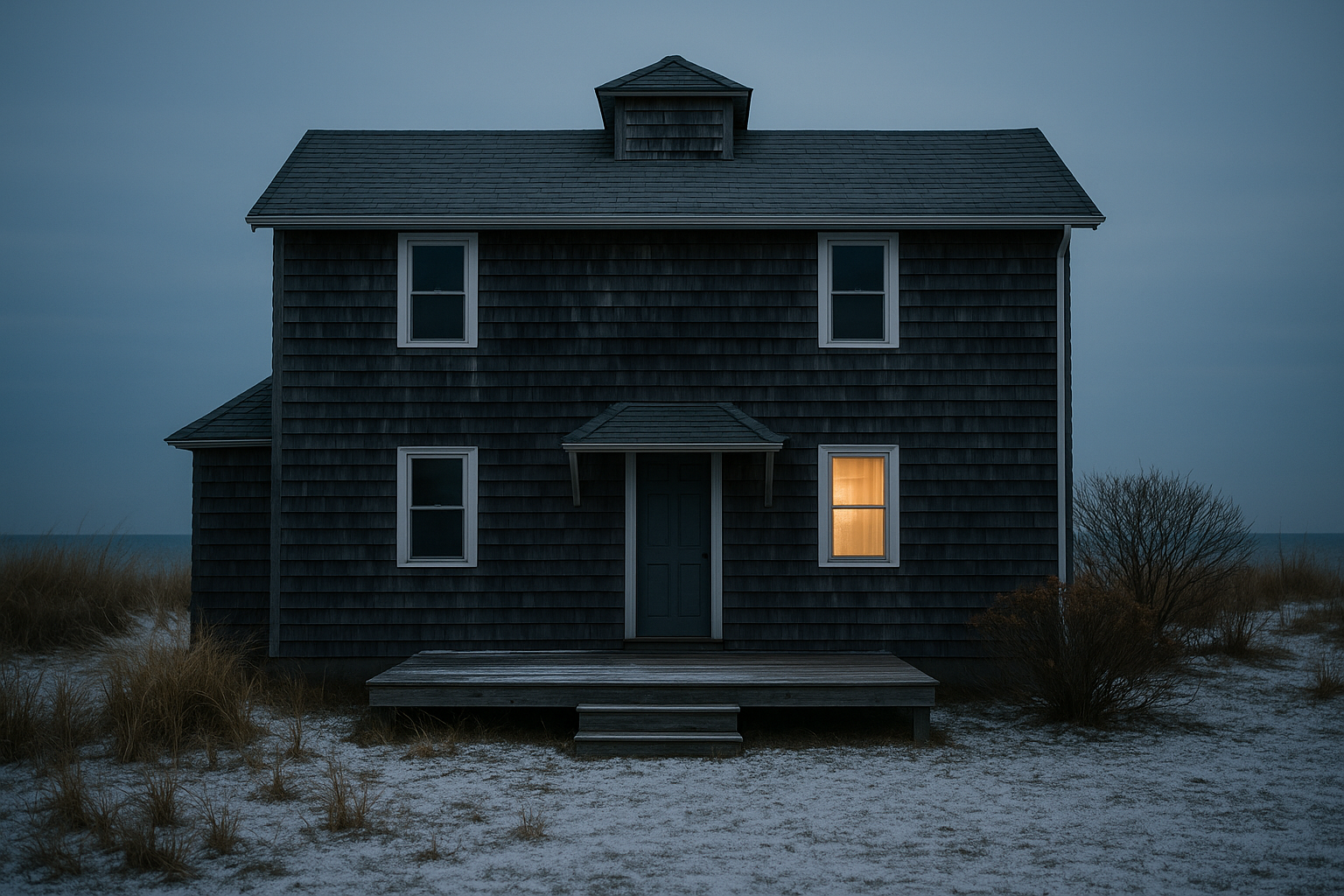 A vacant cedar-shingled shore house at dusk with light snow on the ground and a warm glow from one downstairs window.