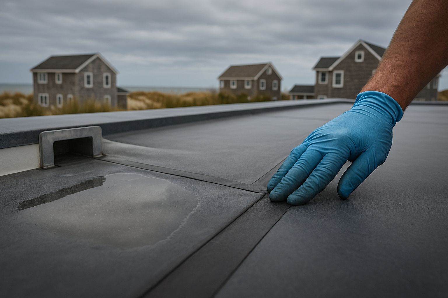 A gloved hand checks a seam on a flat dark rubber roof beside a puddle of rainwater, with weathered shore houses blurred in the background.