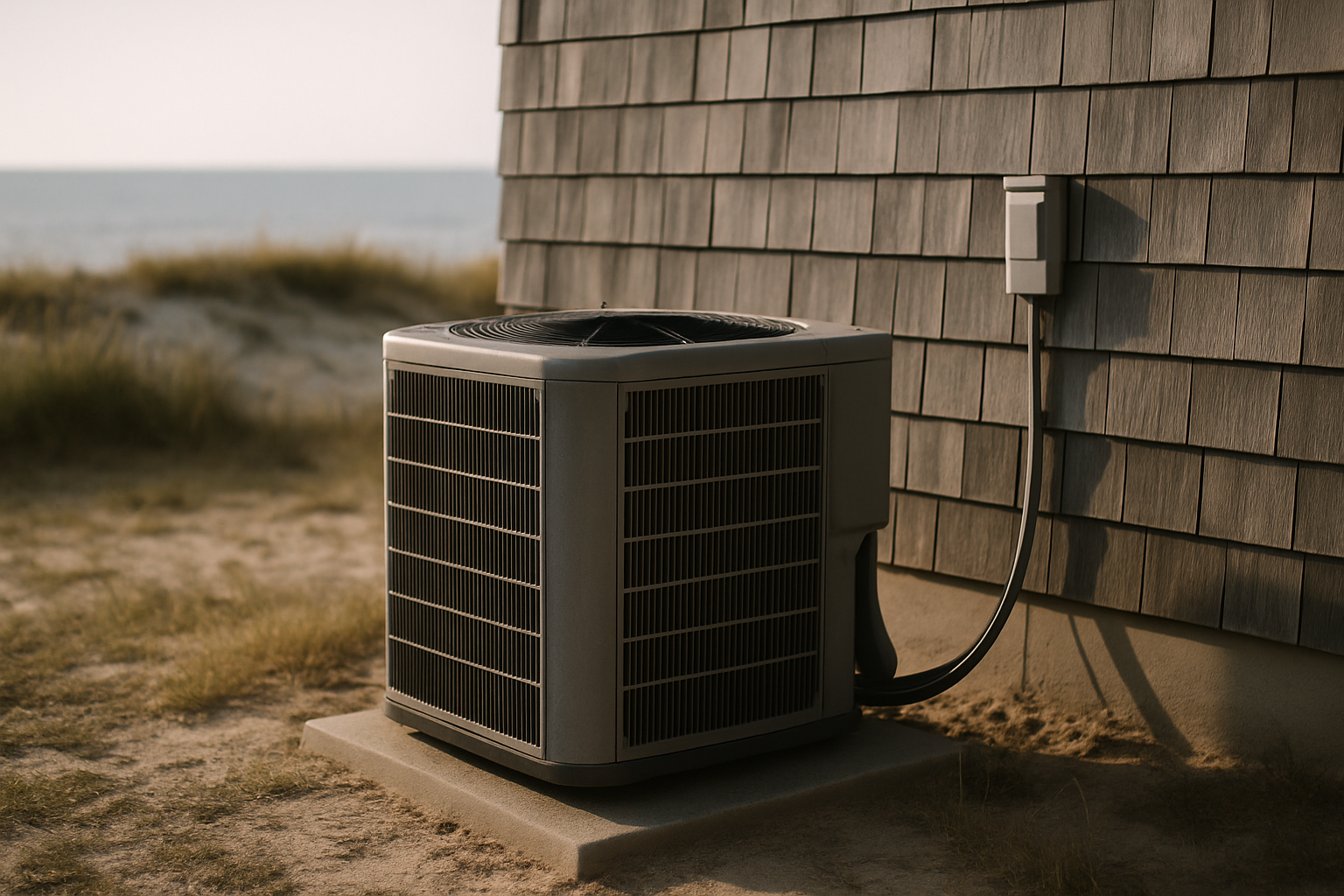 A coastal-rated air-conditioner condenser unit with a matte protective coating sits beside a weathered cedar-shingle shore house, with the Atlantic Ocean and salt haze visible in the background.