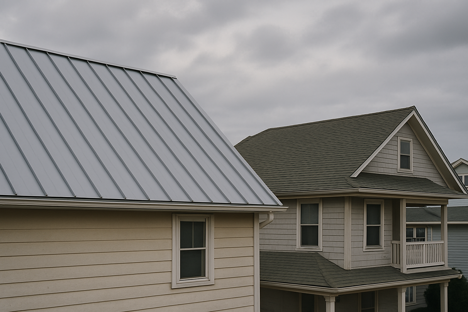 Two neighboring coastal homes, one with a standing seam metal roof and the other with architectural asphalt shingles, under a soft overcast sky.